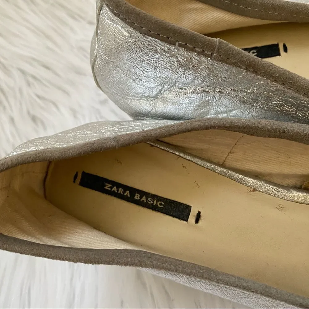 ZARA silver leather ballerina bow detail chunky heel square toe pumps 9